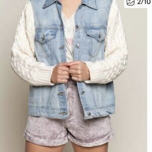 Highway Jeans Light Blue Denim   Jacket With Cabke Knit Sleeves Sz M